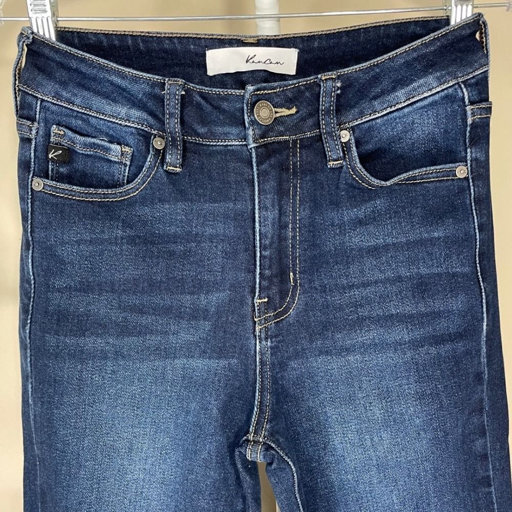 High Rise Flare Jeans W/ 7/27 KanCan Dark Wash Raw Hem KC7124D LN - Picture 4 of 12